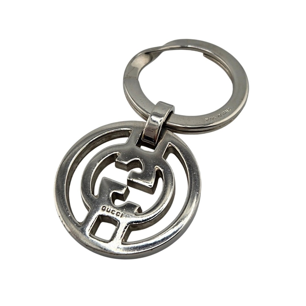 Gucci Interlocking G Keychain Silver Tone GG Logo Key Ring Made in Italy